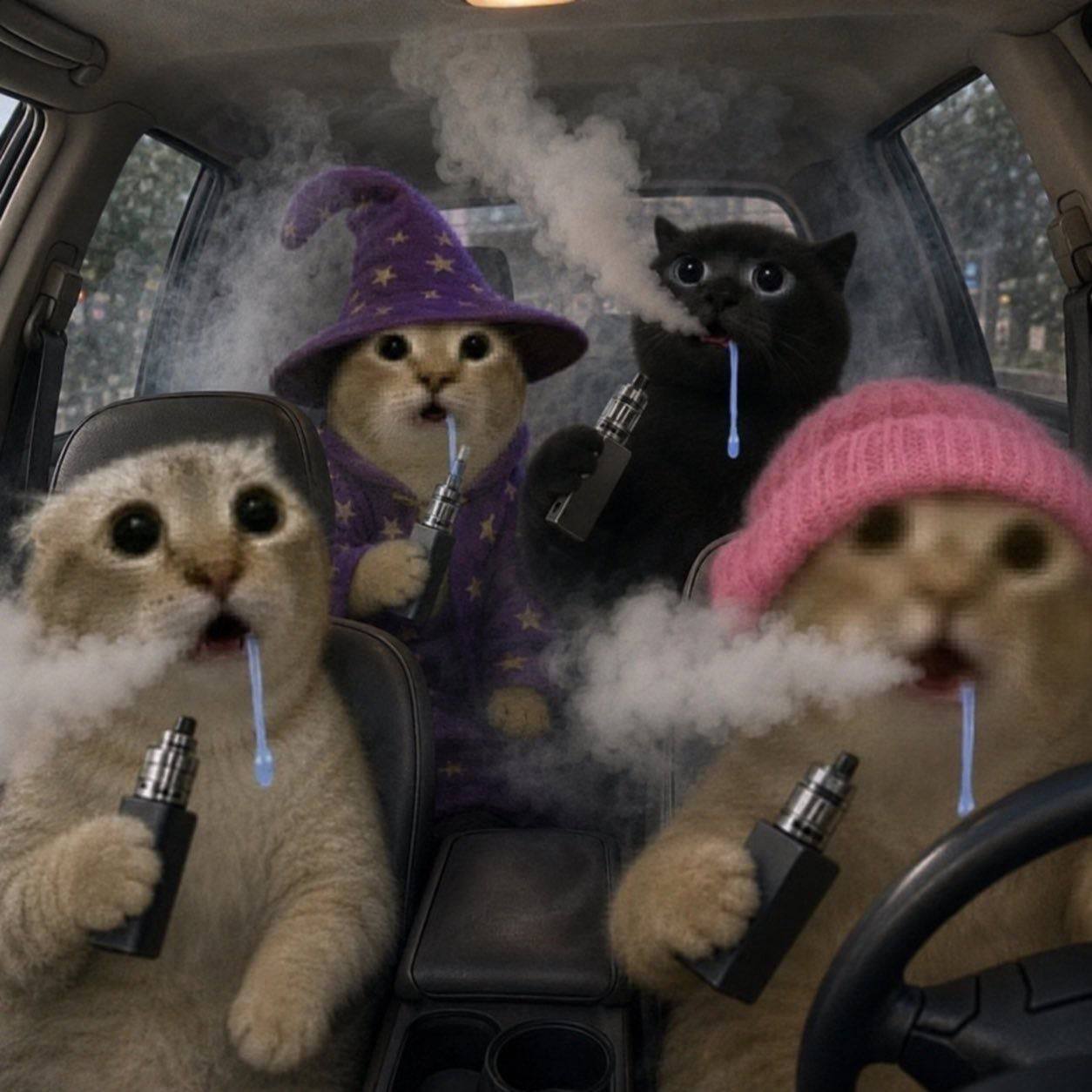 Drooling cats vaping in a car